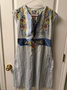 Johnny Was Blue-Striped Midi Dress with Yellow & Red Embroidery